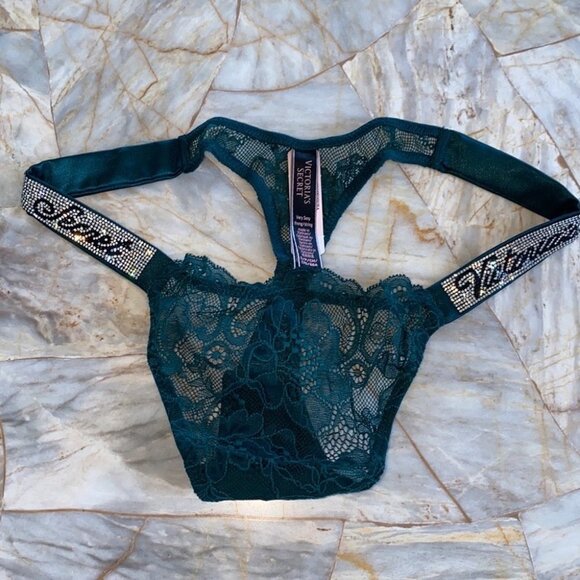 VS VERY SEXY Shine Strap Thong Panty Shimmer Crystal Band Lace Mesh Bling Green - Picture 9 of 11